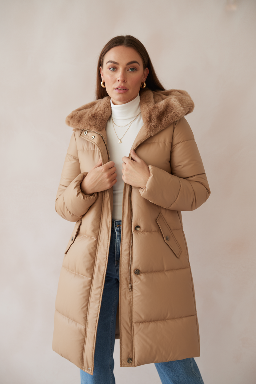 Bella | Women's Long Quilted Jacket with Hood & Faux Fur