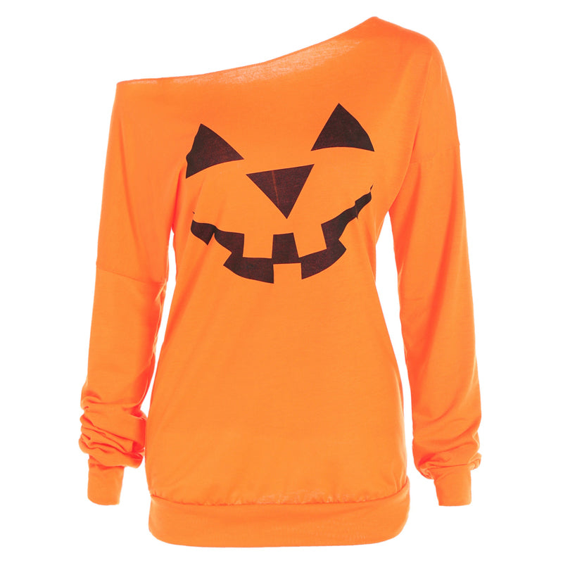 Dames Halloween Off-Shoulder Trui met Pompoenprint | Tasha