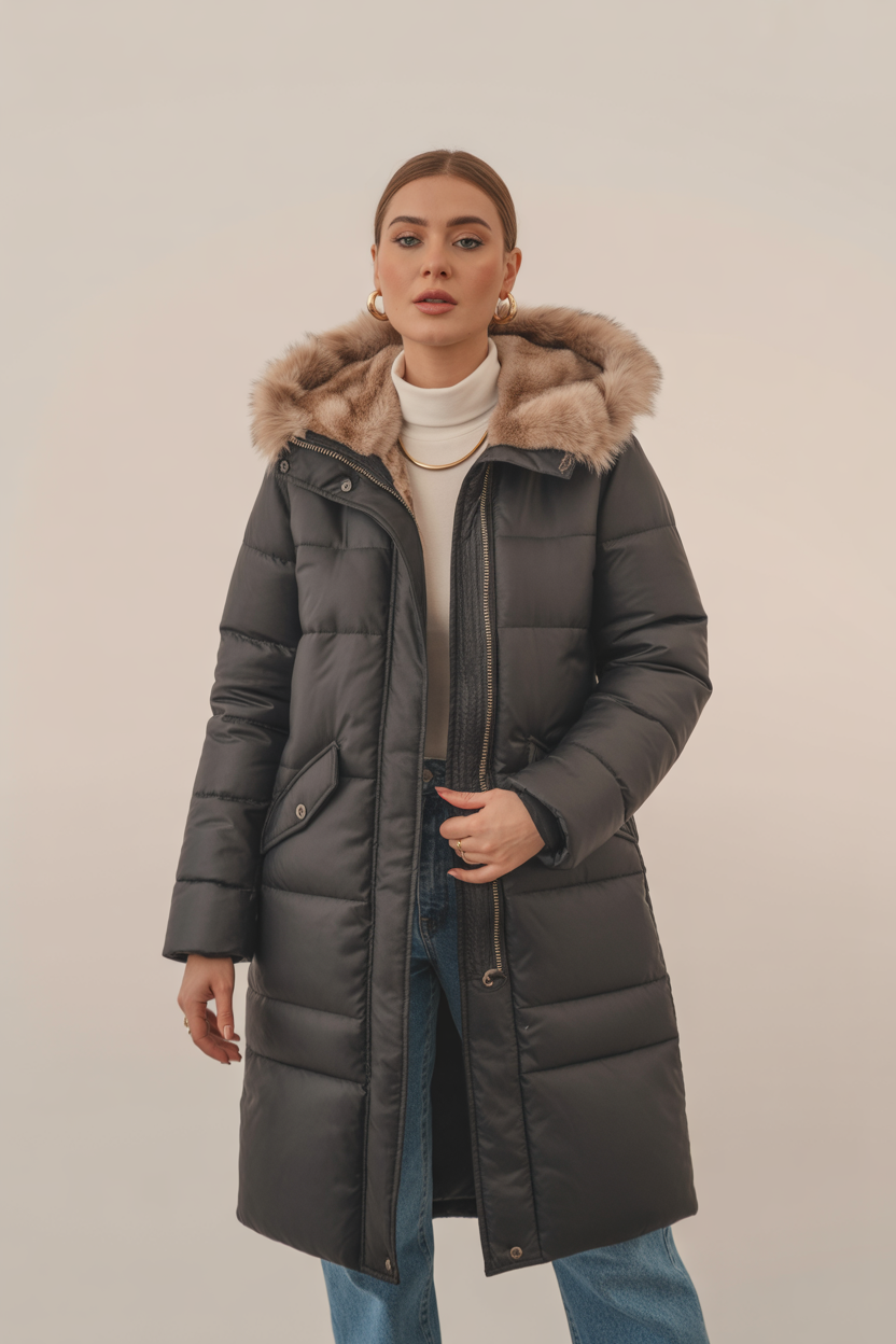 Bella | Women's Long Quilted Jacket with Hood & Faux Fur