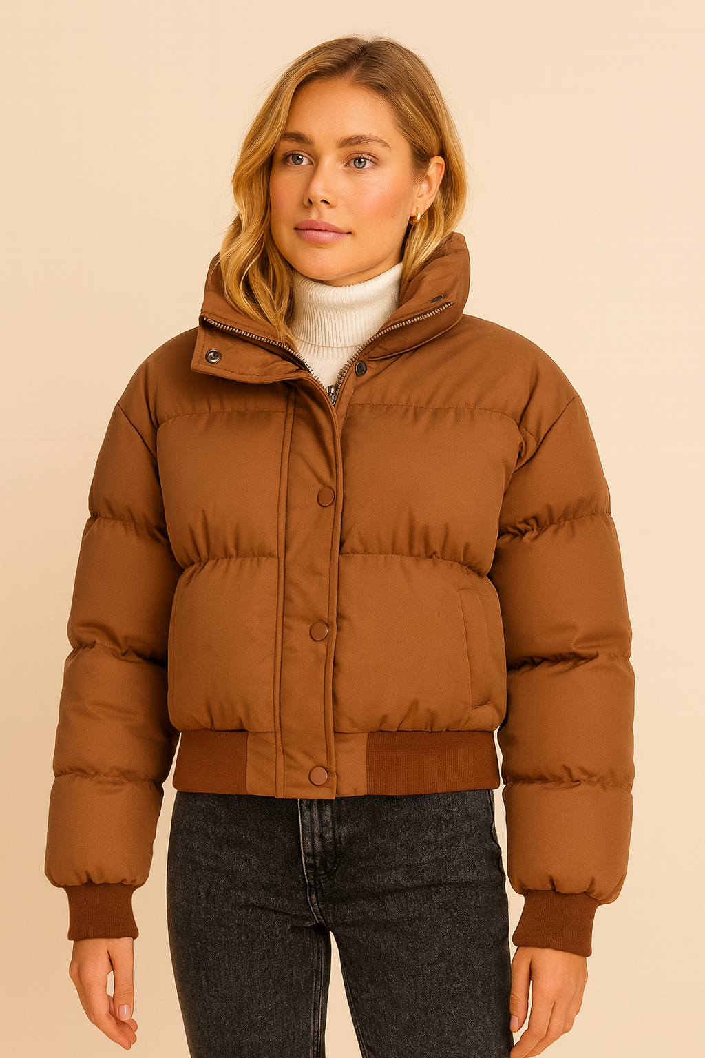 Dames Korte Pufferjack met Hoogsluitende Kraag | Bijou