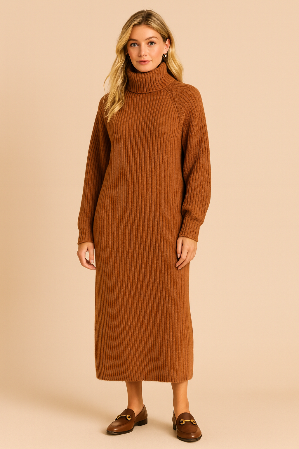 Dames Gebreide Midi jurk met col en lange mouwen | Nova