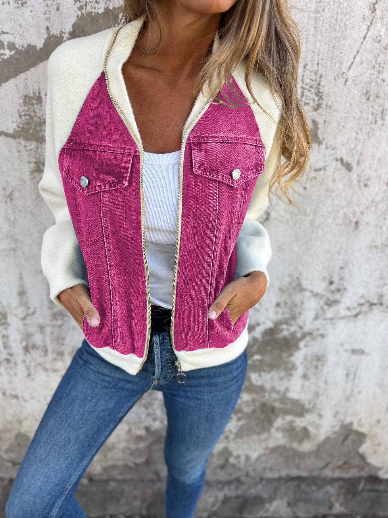 Dames Trendy Denim Tussenjas met Fleece Mouwen | Blanche